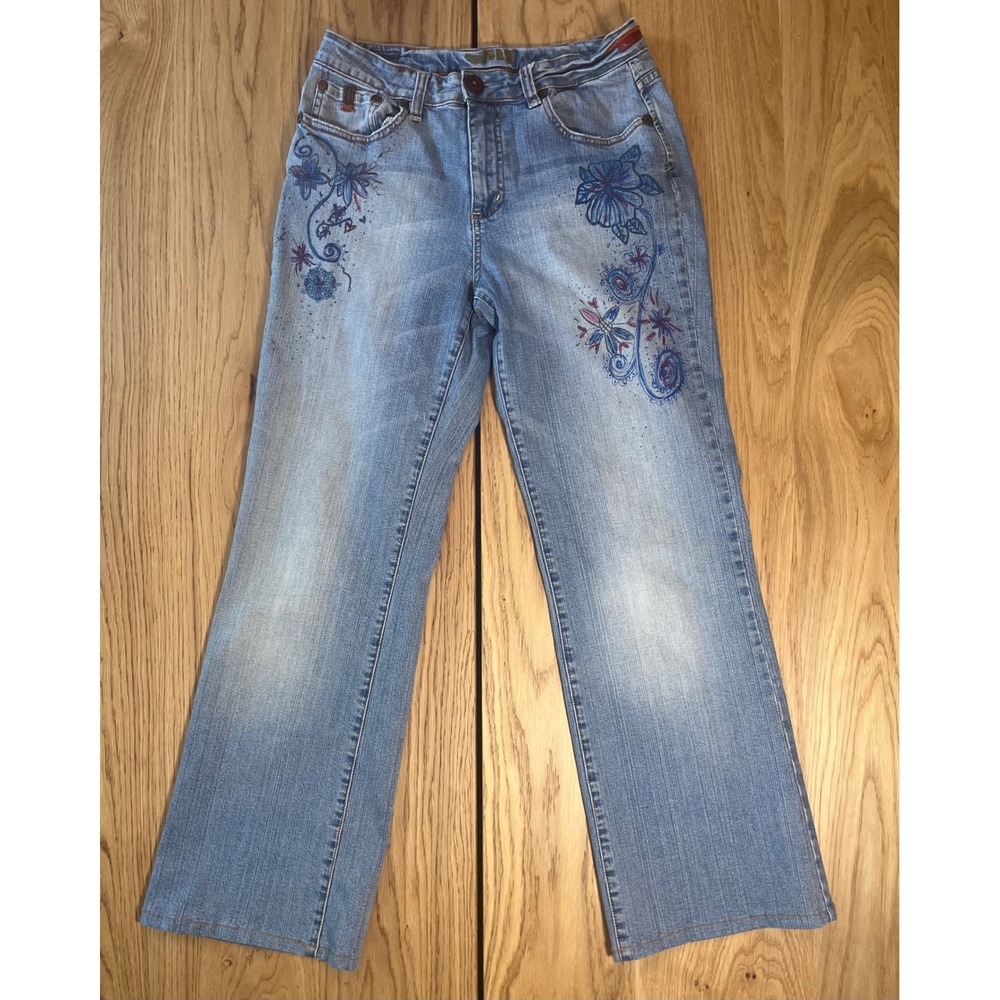 Worn Brand Floral Embroidered Flare Jeans Womens Size 10 Blue Y2K Boho Denim